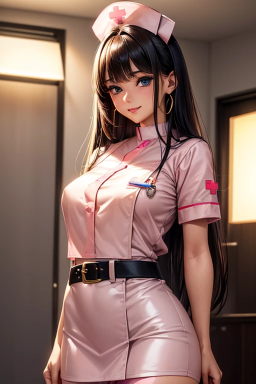 #基本
A girl is posing for a photo, ((One Girl)), (((Baby Face:1.2)) + ((cute:1.3))),
#A girl is posing for a photo, ((One Girl)), (((Baby Face)) + ((cute)) + ),
break
#Clothing Accessories
((Light pink nurse clothes:1.5) : (Shiny) + ((Pencil Mini Skirt)) + (High neck) + (Gold Belt) + ((Tight fit)) + (Black Pantyhose)), (Shiny白ハイヒール),
(Gold hoop earrings),
break
#Features
((Black Hair)), (blunt bangs:1.4), (Long Hair + Straight hair),
((Droopy eyes), blue eyes, (Big eyes:1.2)), (Big Breasts),
break
#background environment
(noon, (sunlight shines, Modern hospital examination room)),
#Facial Expression Pose
((Wicked Smile)), (model posing),
#composition
(To the camera, (Focus from the front), (Cowboy Shot)),
break
#Body parts elements
(Slim figure),
(Detailed Hair, Beautiful Hair, Shiny Hair),
(double eyelid, Long eyelashes),
(Expression of fine eyes, Beautiful and delicate eyes, Sparkling eyes, Eye Reflexes, Glitter Eyeliner),
(Human Ear),
(Beautiful Nose, Thin Nose),
(Shiny唇, Beautiful Lips, Thick lips, Shiny唇, Natural Cheeks),
(Detailed face, Symmetrical facial features),
(Detailed skin, Textured skin, Beautiful Skin, Glowing Skin),
break
#Quality Image Quality Common
(((Highest quality)), ((masterpiece)), ((Very detailed))), ((Ultra-high resolution)), ((16K, 1080P)), ((FHD)),
(Anatomically correct), (Realistic), (3DCG),
#Quality image illustration
((comics, anime)), CG illustration,