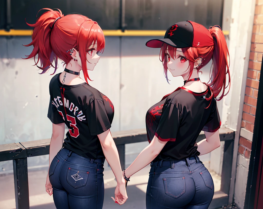 Realistic,Highest quality, Ultra Detail, High-quality CG rendering, The most delicate and beautiful, Floating softly, High resolution, (1 girl), (Highest quality,4K,8k,masterpiece:1.2),(All red hair:1.5), (ponytail:1.5),(Red eyes:1.5),(Slightly larger breasts:1.2), (Oversized black short sleeve t-shirt:1.5),(Black skinny jeans:1.5),(Black baseball cap:1.5),In the city,old buildings,Narrow back alley,(Are standing:1.3),smile,(Piercing in left ear:1.3),(Pitch black choker:1.5),(Turn your back to your audience:1.3),Butt