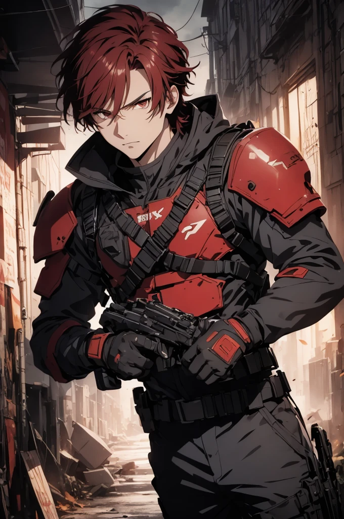 1man, handsome, red hair, wearing combat suit, ultra high resolution, best quality, masterpiece, rtx,ray tracing, 4k, top quality, highly detailed, official art, stunning visuals 