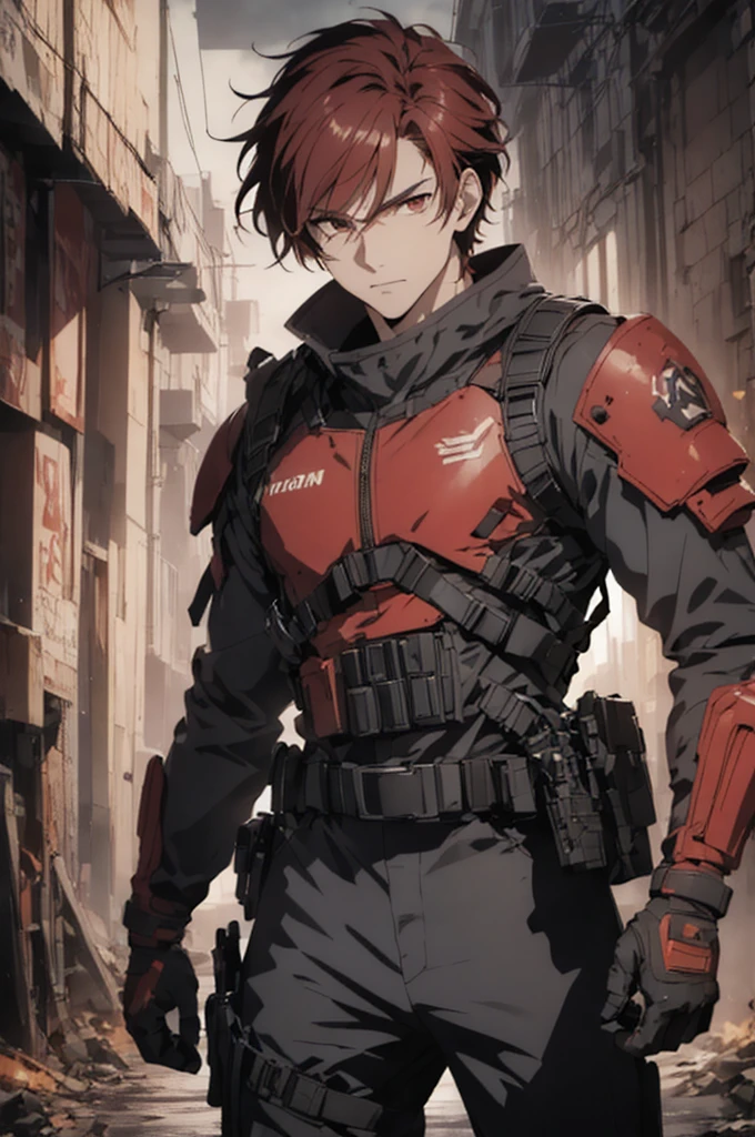 1man, handsome, red hair, wearing combat suit, ultra high resolution, best quality, masterpiece, rtx,ray tracing, 4k, top quality, highly detailed, official art, stunning visuals 