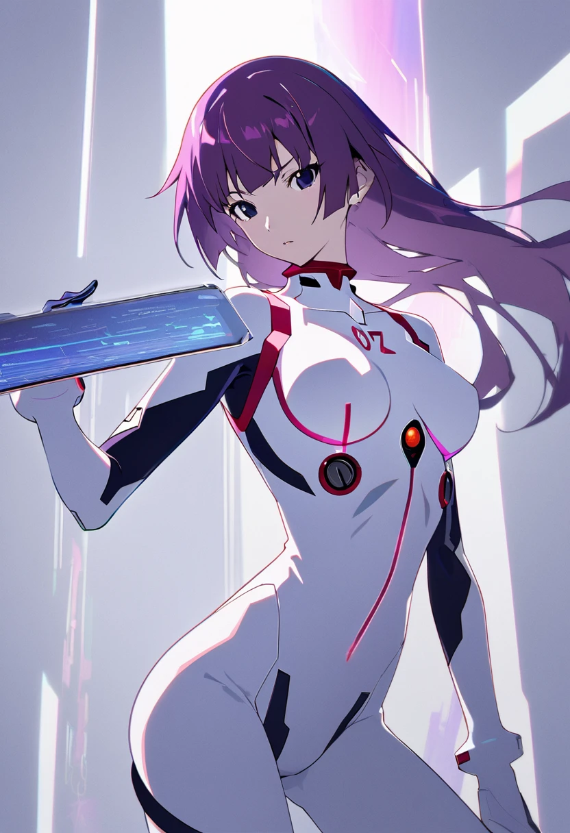 1girl, Senjougahara Hitagi,large breast, monogatari (series), masterpiece, best quality, absurdres, futuristic ambient lighting, techno minimalism style, cutting-edge minimal fashion, sleek futuristic pose, high-tech minimalist setting, purple hair clothing:
Sleek, evangelion plugsuit in matte white with subtle geometric patterns,sheer plugsuit
Minimalist asymmetrical overcoat in light gray with hidden tech features
Clear vinyl accents on shoulders and sides, revealing circuitry-like patterns underneath
Slim-fit boots in metallic silver with no visible fasteners
髪型:
Short, precision-cut purple hair with sharp, geometric lines
One side slightly longer, with a subtle undercut pattern
Holographic sheen that changes color slightly with movement
アクセサリー:
Thin, metallic choker with a small LED display showing abstract patterns
Minimalist smart bracelet that projects holographic interface
Barely visible earpiece for communications and audio
Clear, frameless glasses with heads-up display capabilities
メイク:
Flawless, nearly translucent complexion
Subtle, metallic purple eyeliner in a minimalist graphic design
Clear lip gloss with a hint of holographic shimmer
Eyebrows shaped into perfect, thin arches poses and environments:
Pose and environment: a stark white glass bathroom with hidden high-tech panels, removing a plug suit. Cleavage is visible.
Small items:
Sleek, transparent tablet device with no visible buttons
Minimalist white earbuds in a charging case
Small, cube-shaped personal drone hovering nearby
Futuristic water container that analyzes and displays hydration levels