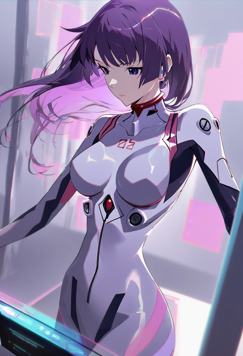 1girl, Senjougahara Hitagi, monogatari (series), masterpiece, best quality, absurdres, futuristic ambient lighting, techno minimalism style, cutting-edge minimal fashion, sleek futuristic pose, high-tech minimalist setting, purple hair clothing:

Sleek, form-fitting bodysuit in matte white with subtle geometric patterns
Minimalist asymmetrical overcoat in light gray with hidden tech features
Clear vinyl accents on shoulders and sides, revealing circuitry-like patterns underneath
Slim-fit boots in metallic silver with no visible fasteners

髪型:

Short, precision-cut purple hair with sharp, geometric lines
One side slightly longer, with a subtle undercut pattern
Holographic sheen that changes color slightly with movement

アクセサリー:

Thin, metallic choker with a small LED display showing abstract patterns
Minimalist smart bracelet that projects holographic interface
Barely visible earpiece for communications and audio
Clear, frameless glasses with heads-up display capabilities

メイク:

Flawless, nearly translucent complexion
Subtle, metallic purple eyeliner in a minimalist graphic design
Clear lip gloss with a hint of holographic shimmer
Eyebrows shaped into perfect, thin arches poses and environments:

Standing in a stark, white room with hidden tech panels
One hand raised, interacting with an invisible holographic interface
Minimalist furniture with integrated technology in the background
Soft, ambient lighting that seems to come from nowhere and everywhere

小物:

Sleek, transparent tablet device with no visible buttons
Minimalist white earbuds in a charging case
Small, cube-shaped personal drone hovering nearby
Futuristic water container that analyzes and displays hydration levels