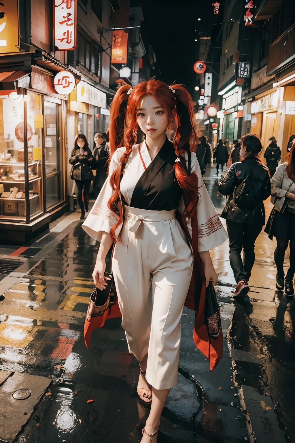 A captivating red-haired woman, adorned with intricate com penteado pigtails, gracefully strides the bustling streets of Korea. Dressed in a traditional black Korean attire, her fiery locks sway gently with each step, casting a mesmerizing contrast against the night's dark backdrop. The intricate detailing of her attire and the shine of her fiery hair are rendered in an ultra-high resolution, showcasing every curve and texture with astonishing photorealism (photorealistic: 1.4). The raw photo captures the urban landscape of Korea, bathing the woman in a soft, atmospheric glow, as pedestrians