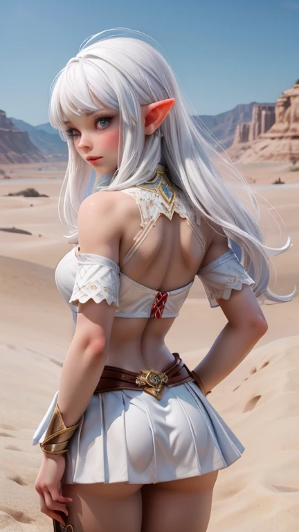 Ariel, Upper body portrait, Gray Hair, beautiful, Cute Arabian clothes, Warrior, abdomen, fit, Gray Hair, Cowboy Shot, Look Back, Desert Background, Realistic fantasy ,Concept Art,whole body
