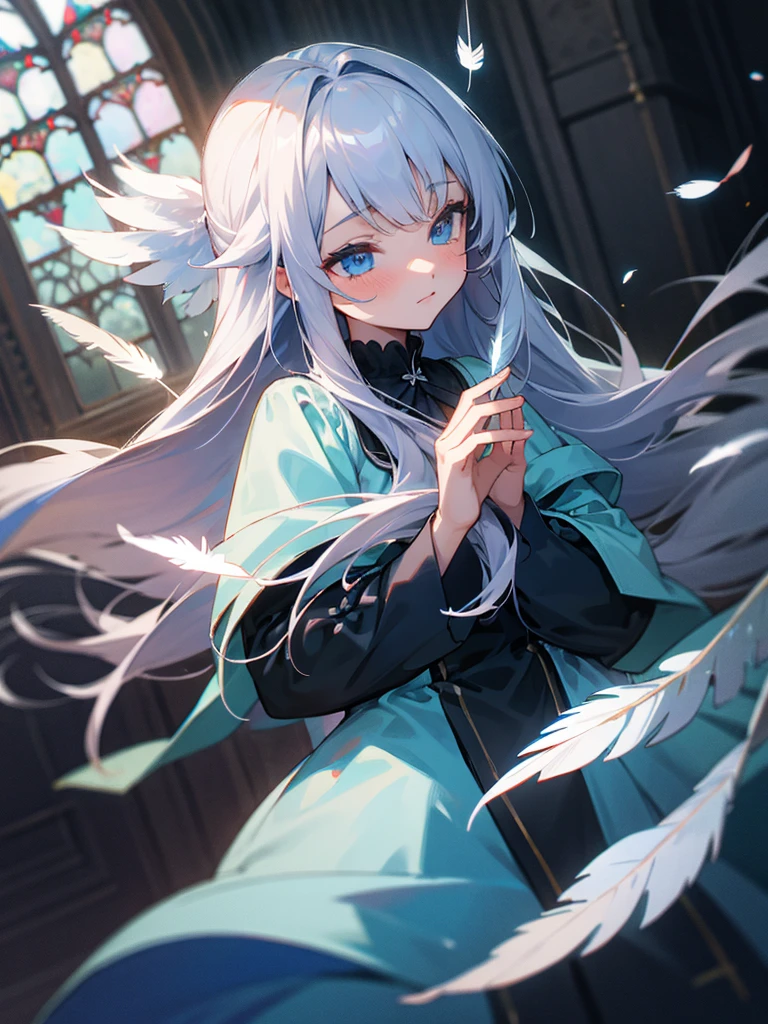 kawaii, anime, Cute, hyper quality, highly detailed, 8k, Clarity, Draw facial expressions in detail, A girl with long silver hair winks, mysterious, gothic style, highlight on eyes, church, Sleeping, Feathers dance, The wind passes through, Flowers waving in the wind, offer a prayer, light pours from heaven, aerial view, Uplifting, eye color is blue, upward glance, 	