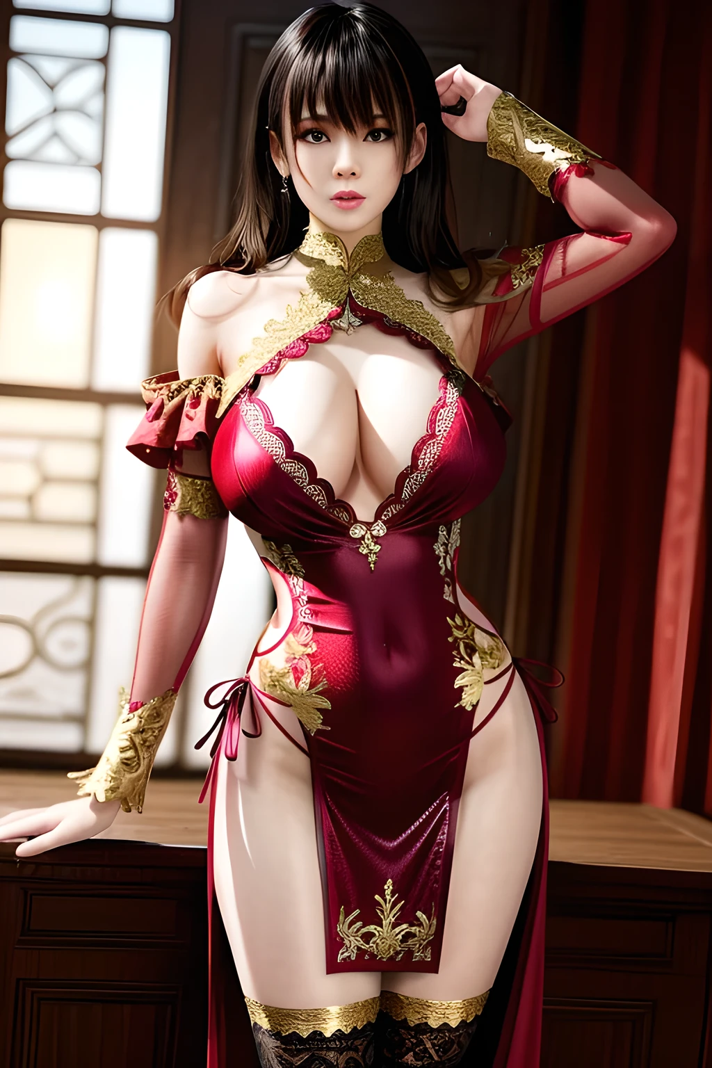 1girl, gown is dominated by bright red, highlighting her enthusiasm and vitality. The robe was decorated with gold patterns, adding a sense of nobility and luxury. The transparent lace trim gently droops, showing both the feminine femininity and adding a touch of mystery,,huge breasts,Nanami