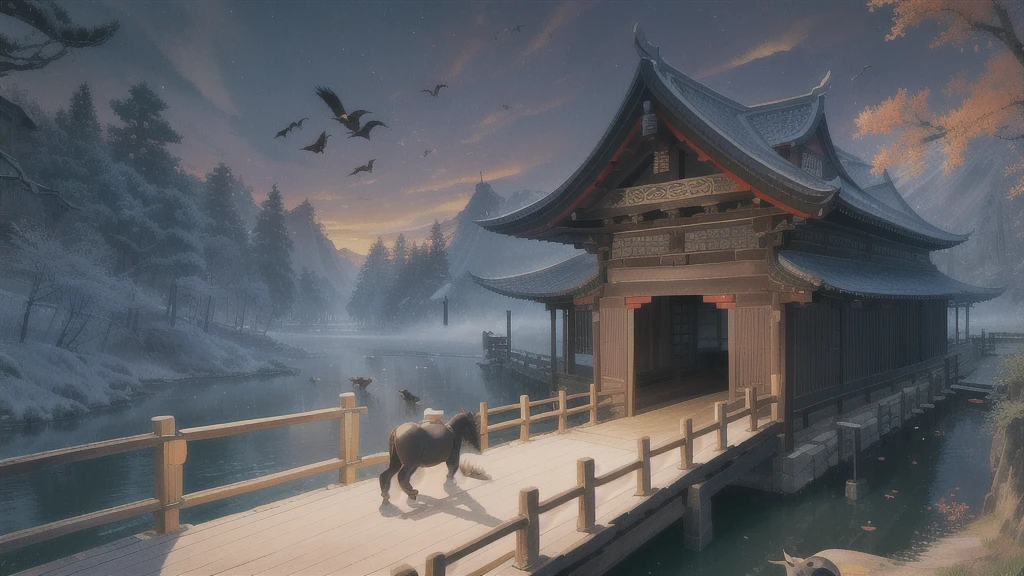 masterpiece, high quality, High resolution,8k, Chinese painting ,, 枯れたブドウのwood, old age ((wood)), evening ((Crow)) The sounds are free,, ((Small Bridge)), water flowing, (((Humble Dwelling))), (horse:1.6),, A cold wind blows from the west ((Ancient road)),, When the sun goes down, My heart aches with anger,,