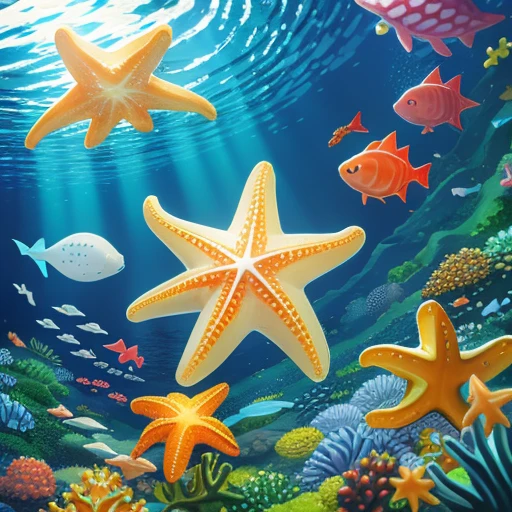 starfish under the sea with little fish
