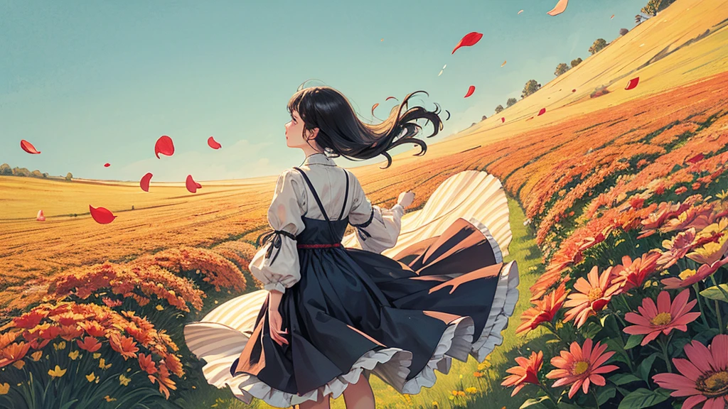Flower field swaying in the wind,Emotional,Warm tones,Petals flutter in the wind,