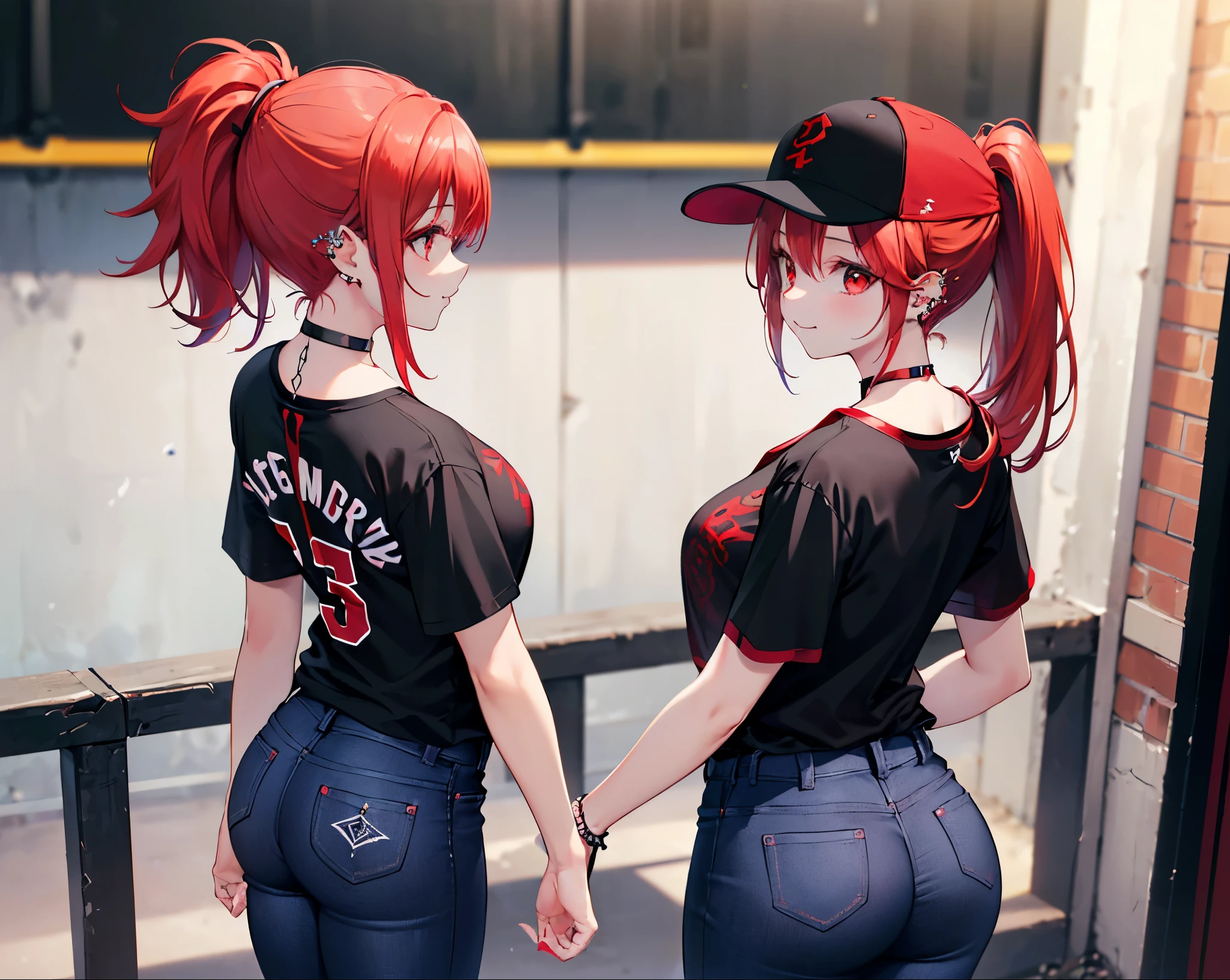 Cute girl, , pony tail, big breasts, small bra and leggings shorts,red hair, red eyes, fit clothes, nice ass,front and back,
