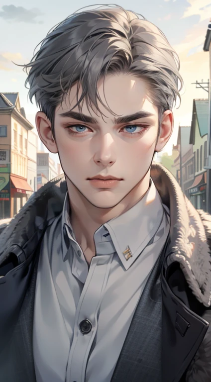 masterpiece, best quality, realistic, 1man, mature male, quiet and charming  man, 35 years old, close his eyes, serious, closed mouth, extremely detailed face, cold, ((dark grey blue eyes)), ((short-right-swept dark grey hair)), [thick eyebrows], ((hunter)), accurate, detailed, ((town))