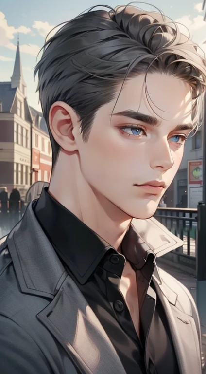 masterpiece, best quality, realistic, 1man, mature male, quiet and charming  man, 35 years old, close his eyes, serious, closed mouth, extremely detailed face, cold, ((dark grey blue eyes)), ((short-right-swept dark grey hair)), [thick eyebrows], ((hunter)), accurate, detailed, ((town))