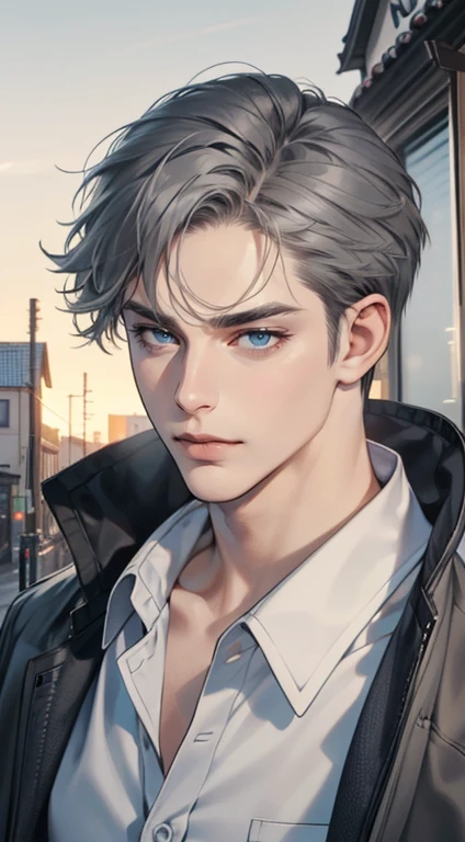 masterpiece, best quality, realistic, 1man, mature male, quiet and charming  man, 35 years old, close his eyes, serious, closed mouth, extremely detailed face, cold, ((dark grey blue eyes)), ((short-right-swept dark grey hair)), [thick eyebrows], ((hunter)), accurate, detailed, ((town))