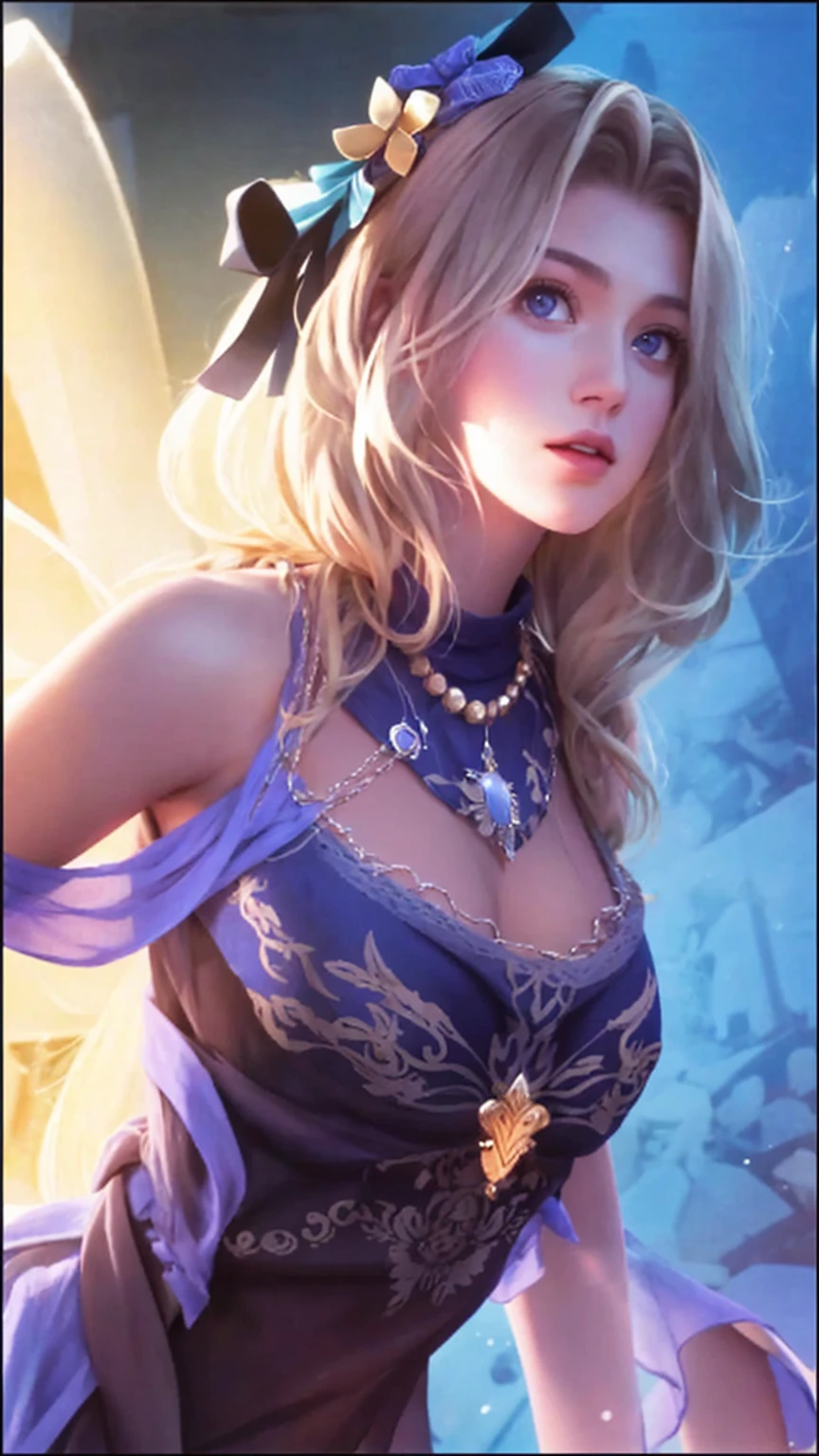1girl in, age19, Solo, Long hair, Colossal , Looking at Viewer, blondehair, Bare shoulders, Brown eyes, jewely, Full body, a necklace, off shoulders, Sweaters, Realistic, A y, wearing bathing suit