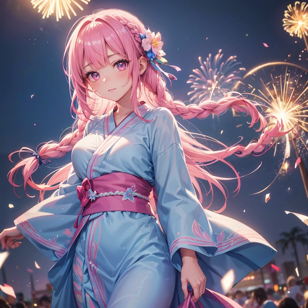 Sky Blue Medium Hair, (Braided Hair),(Pink Eyes),Fair skin ,(whole body),(1 girl)、yukata、summer night、Bright lights filling the night sky、Fireworks、Straight bangs,(masterpiece, Highest quality, Very detailed, Best Shadow), (Detailed Background), (Beautifully detailed face), High Contrast, (Best lighting, Very delicate and beautiful), ((Cinematic Light)), colorful, Hyper Detail, Dramatic Light, Intricate details,