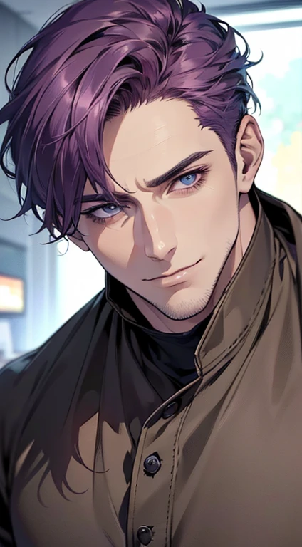 (best quality,4k,8k,highres,masterpiece:1.2),ultra-detailed,(realistic,photorealistic,photo-realistic:1.37),1 man,31 years old,mature man,very handsome,without expression,smile,short purple hair,blue eyes,penetrating gaze,perfect face without errors,imposing posture,businessman,office background,cinematic lighting,hdr image
