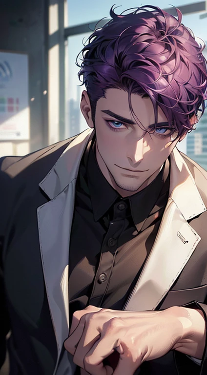 (best quality,4k,8k,highres,masterpiece:1.2),ultra-detailed,(realistic,photorealistic,photo-realistic:1.37),1 man,31 years old,mature man,very handsome,without expression,smile,short purple hair,blue eyes,penetrating gaze,perfect face without errors,imposing posture,businessman,office background,cinematic lighting,hdr image