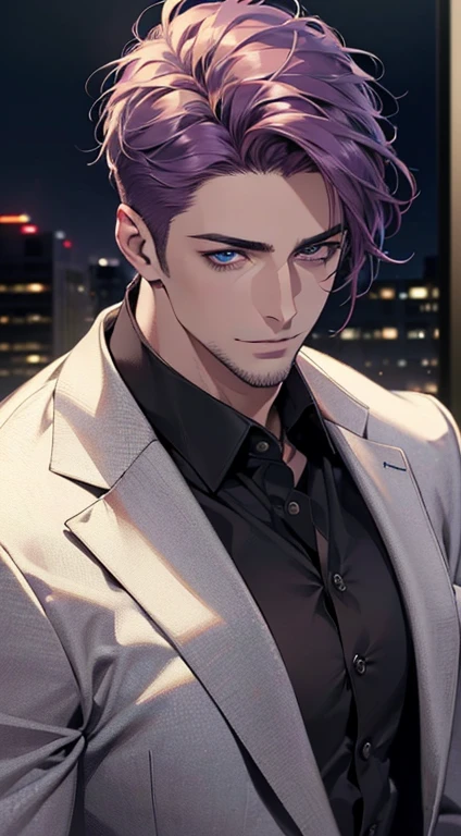 (best quality,4k,8k,highres,masterpiece:1.2),ultra-detailed,(realistic,photorealistic,photo-realistic:1.37),1 man,31 years old,mature man,very handsome,without expression,smile,short purple hair,blue eyes,penetrating gaze,perfect face without errors,imposing posture,businessman,office background,cinematic lighting,hdr image