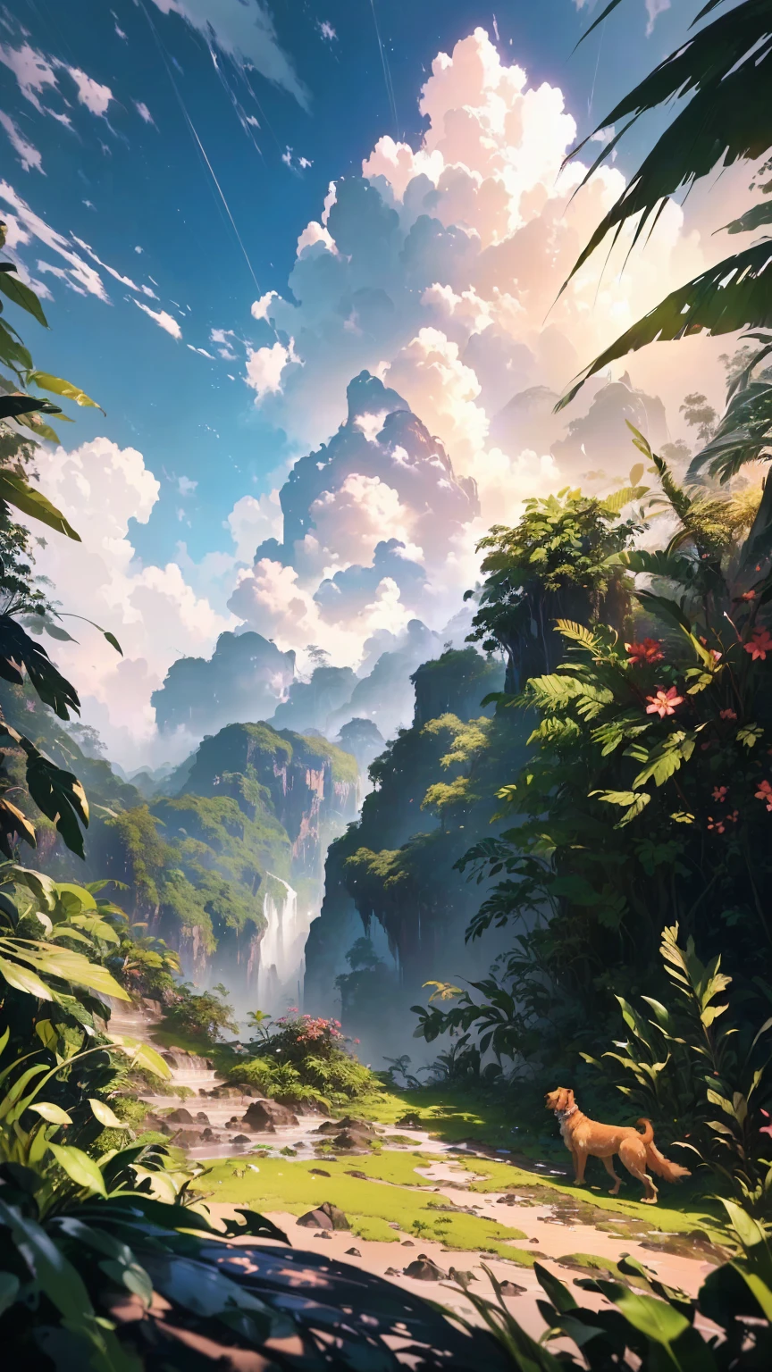 There is a picture of a dog in the middle of the jungle, Ross Tran. Landscape Background, Beautiful Art UHD 4K, Highly detailed digital art in 4K, Jungle landscape, Anime Nature, Fantasy Jungle, 4K Detailed Digital Art, Beautiful Jungle, Amazing artwork in 8K, The style of Kirill Kotashev, Concept Art Wallpaper 4K