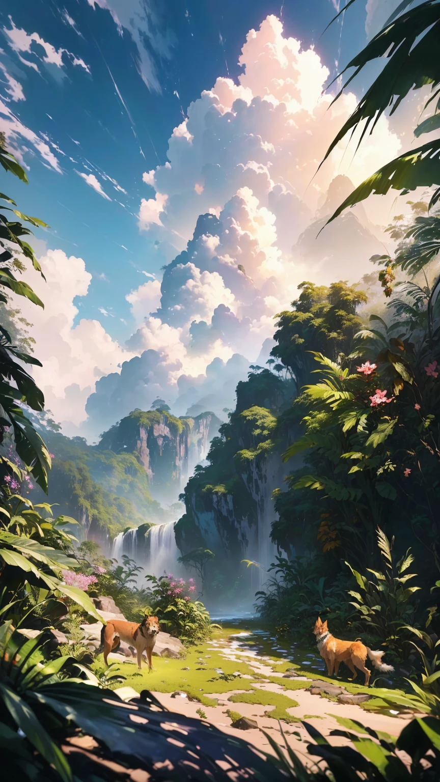 There is a picture of a dog in the middle of the jungle, Ross Tran. Landscape Background, Beautiful Art UHD 4K, Highly detailed digital art in 4K, Jungle landscape, Anime Nature, Fantasy Jungle, 4K Detailed Digital Art, Beautiful Jungle, Amazing artwork in 8K, The style of Kirill Kotashev, Concept Art Wallpaper 4K