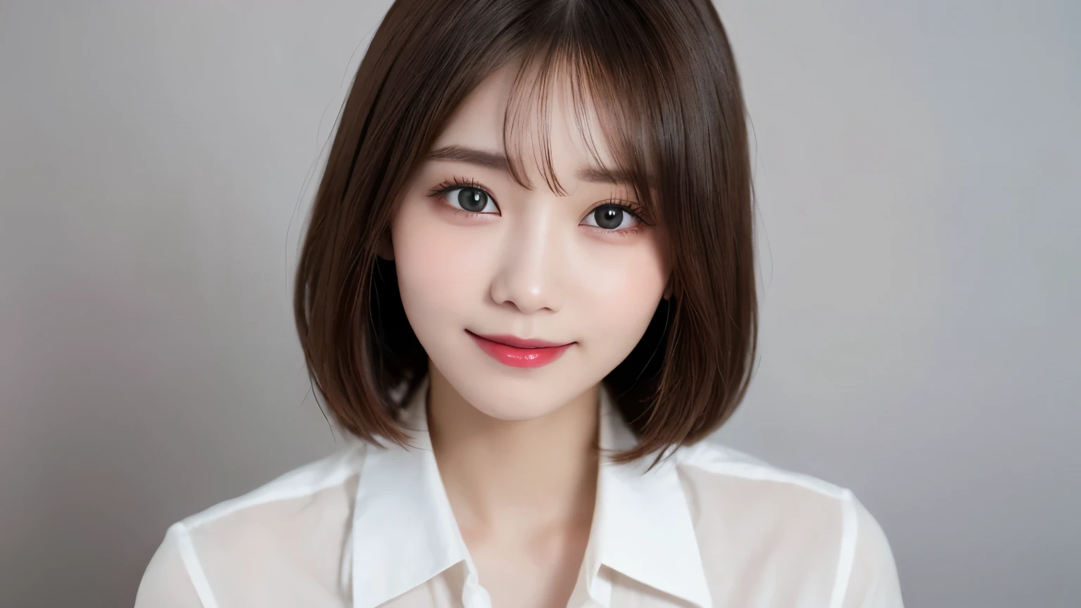 white background, bust shot, tabletop, looks happy, smile, short hair, highest quality, shape, Super detailed, finely, High resolution, 8k wallpaper, Perfect dynamic shape, beautiful and detailed eyes, D cup, natural color lip,smile、20 year old girl, Beautiful and dense face、perfect and beautiful face,Big eyes、real photos（best image quality）, business casual (off white)、looking at camera、Please stand、Do gal makeup