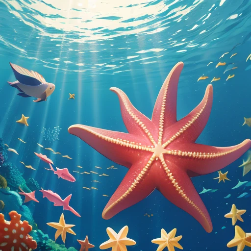 starfish under the sea with little fish
