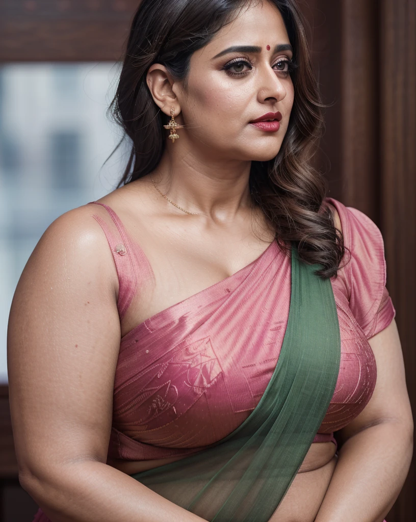 50yo mature MILF Anushka Shetty,((best quality)), ((masterpiece)), ((realistic)), eye kajal, mascara, red lips, sensual Beauty, mommy,  full figured mommy, provoking body, extreme sweat, sweat soaked skin, slight stretch marks, alluring figure,  bulging figure, thick charming lady, curvy, thick navel, full figured woman, eye kajal, massive breast, full body, styled hair, pierced eyes, female face,royal aura, trend on artstation , sharp focus, studio photo, intricate detail, very detailed, detailed eye, illustration, very detailed, sharp focus, digital render, professional, 4k