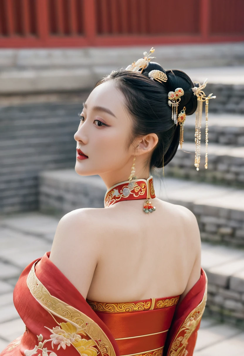 The background is a cobblestone street outside a Chinese palace in the Qing Dynasty. The empress at the Chinese court in the Qing Dynasty is wearing red Hanfu and looking from the front. Her big buttocks are covered with a naked loincloth that has been moved down to show off her big breasts. Her hair is adorned with a gorgeous Chinese empress's crown, and the back of her hair is tied up at the top.