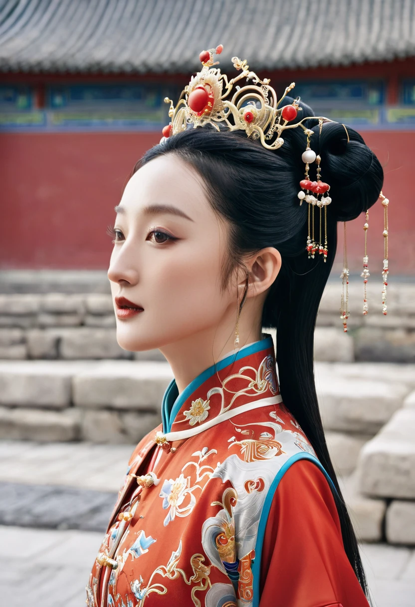 A full-body figure from the back that resembles Chinese actress Zhou Xun. The background is the stone paving outside a Chinese palace during the Qing dynasty. An empress from the Chinese palace during the Qing dynasty is standing in a red Hanfu, exposing only her large buttocks. She has pulled her loincloth down to show her buttocks. Her profile shows her large breasts. She is standing with her hair tied up and pulled up, wearing a Chinese empress crown.