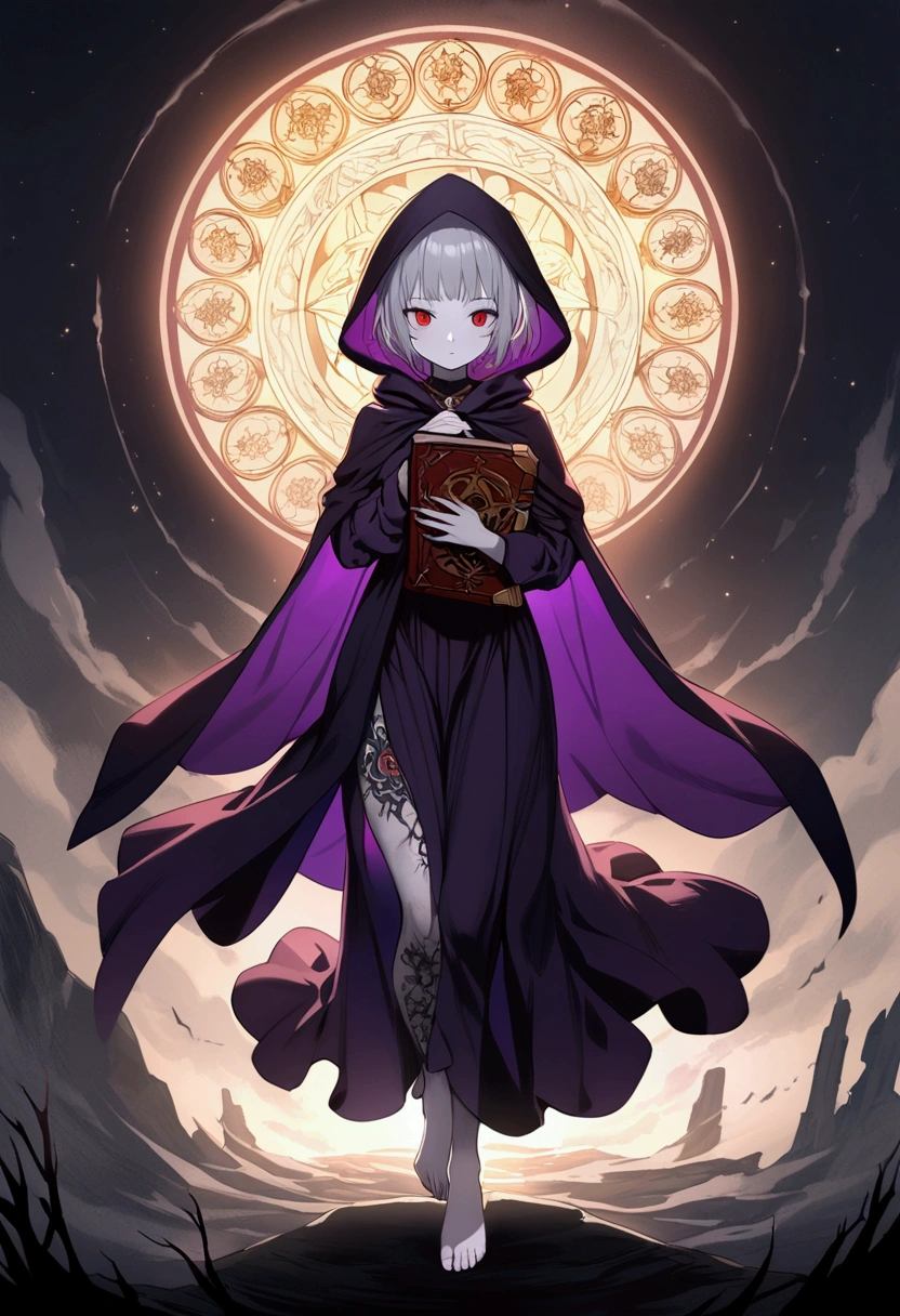 A dark mage girl in purple cloak carrying a book, short hair, grey hair, barefoot, pale skin, dark red eyes, hood, jewelry, tattoo, necromancer, dirty