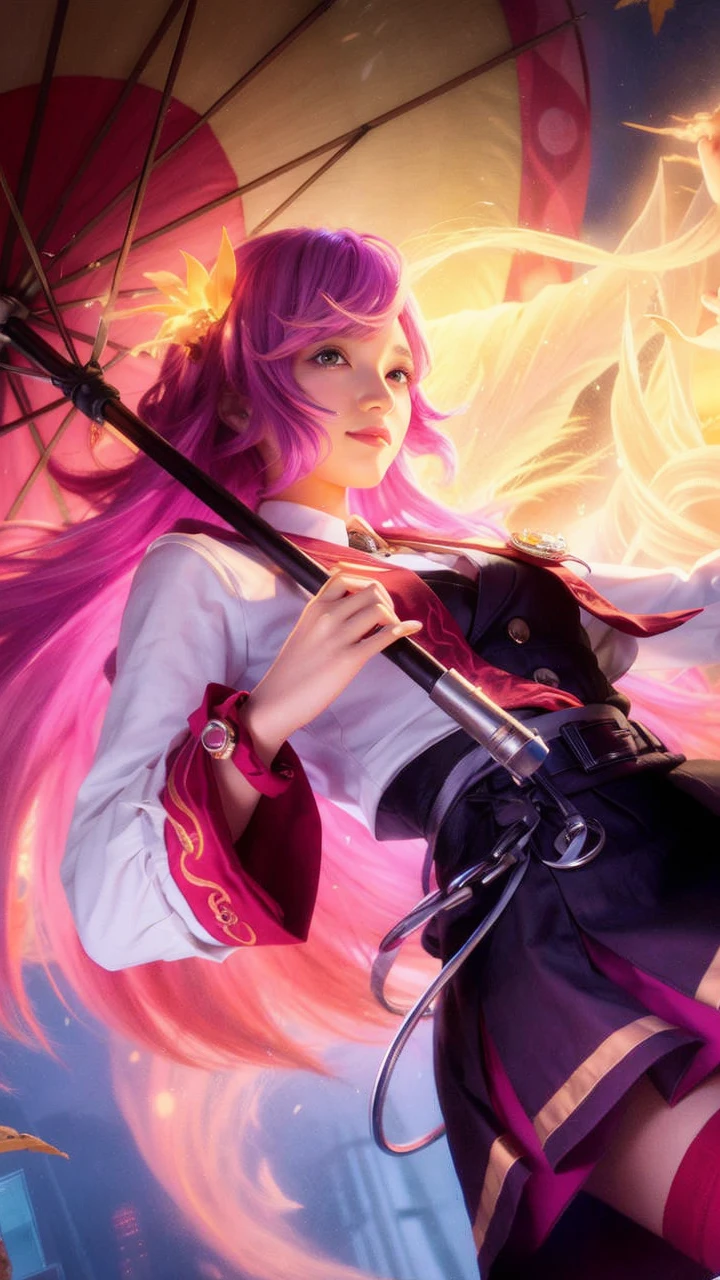 a woman with long pink hair carrying an umbrella