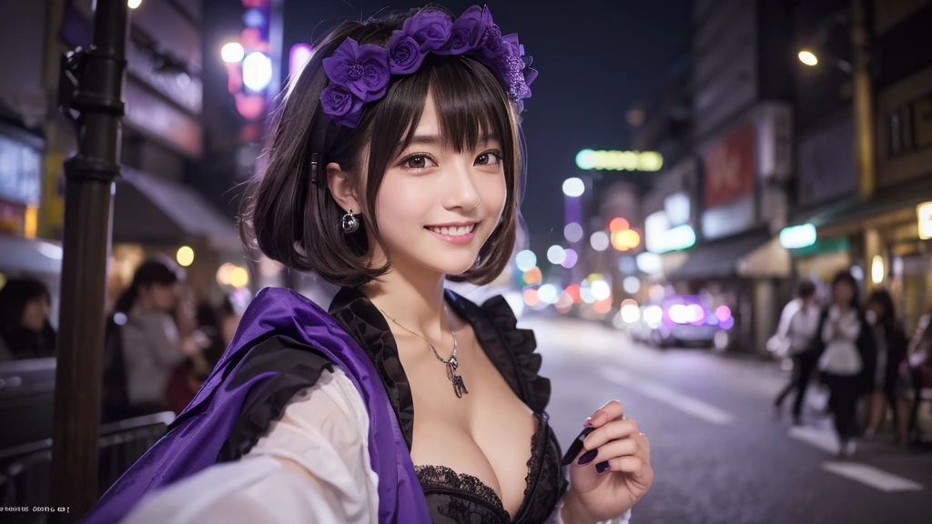 Hatsune Miku、girl, White skin, ((Dark brown short tiered hair)), V cut with layers and bangs, Brown eyes, Soft atmosphere characteristics (Highest quality, Ultra-high resolution, 8k, RAW Photos, Ultra-high resolution: 1.2, masterpiece: 1.3), (Realistic, Realistic: 1.37), Very detailed, Professional Lighting, Photon Mapping, Radio City, 物理ベースレンダring, 一人のgirl, (high school girl), Sharp focus:1.2、Beautiful woman:1.4,cute, Nice, Adorable smile, Normal chest, Cross Necklace、Earrings、ring,(Cleavage)、((Dark brown short hair),Gothic ta Fashion, (((Stay Night, Violet Evergarden))),(A cute toothy smile),Japanese cityscape at night,Tokyo,Selfie,Portrait Style