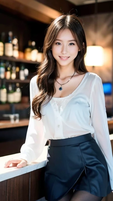 A superb exquisite real beautiful girl, semi long hair, extremely exquisite facial features, peerless beautiful girl, sheer black tops,blue camisole, black wrap skirt, exposed thighs, sweet shy smile with teeth, soft, dreamy quality, light white and dark brown, exaggerated facial features, solid color, frank off-white, surreal, blue gemstone necklace, ultra-clear, beautiful young girl, cute and lively, super short leggings, background at the bar counter, deep-blue sheer thighhigh,