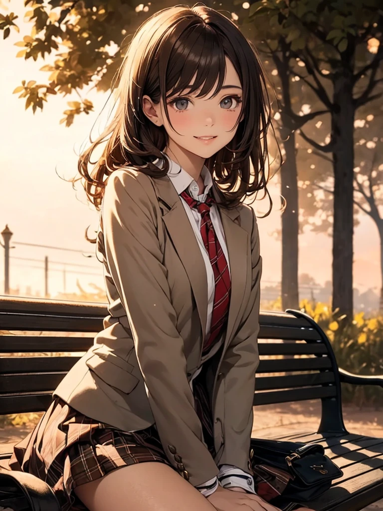 (sepia art),(masterpiece),(4K),high quality,(Perfect Anatomy),Flat Chest,(1 high school girl),((solo)),grey blazer,checkered skirt,red ribbon tie,brown hair,Beautiful smile,Beautiful and detailed eyes,((sidelong glance)), (highly detailed elegant), detailed skin,dreamy and happy atmosphere, bokeh, silky to the touch, hyper detail,soft pastel tones,soft and warm lighting,sunset,sit on a bench,from the side