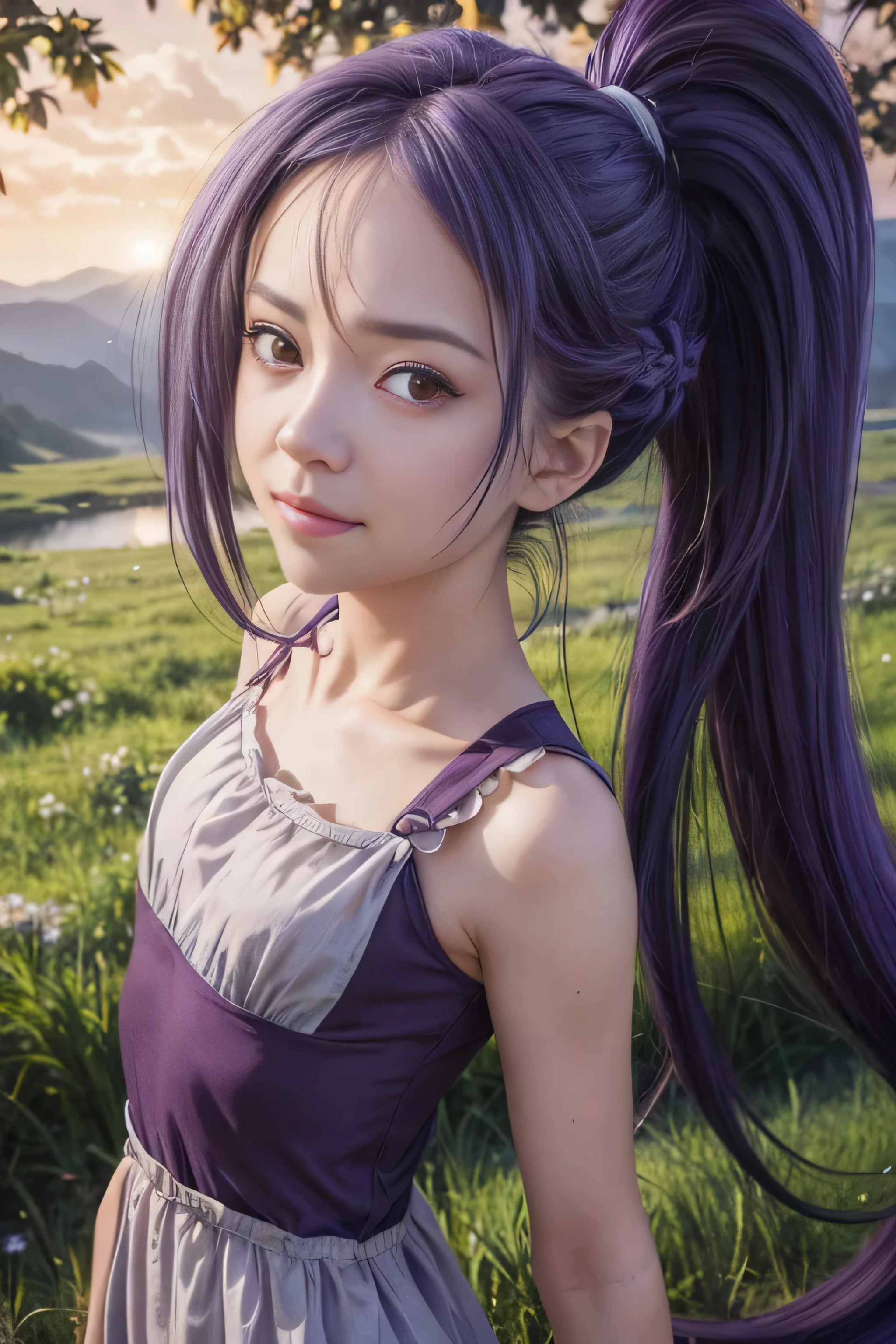 masterpiece, best quality, (realistic,photo-realistic:1.4), (RAW photo:1.2), extremely detailed CG unity 8k wallpaper, delicate and beautiful, amazing,finely detail, official art, absurdres, incredibly absurdres, huge filesize, ultra-detailed,extremely detailed eyes and face,light on face,(little smile),mito,(purple hair:1.4),(long hair:1.4),(wearing dress :1.5),(nature background:1.4),(ponytail:1.3),(hair between eyes:1.5),(red eyes:1.6)