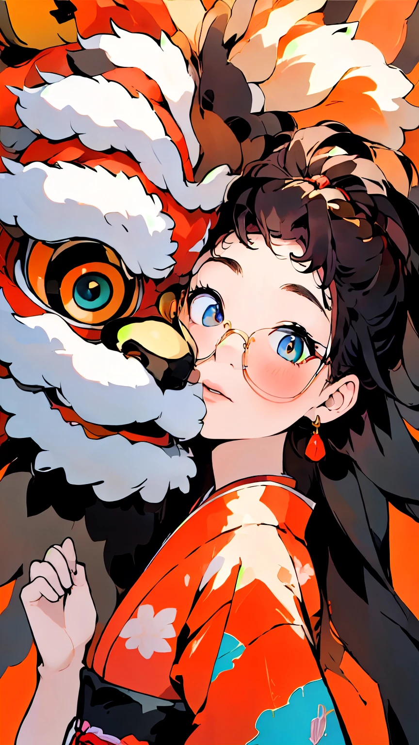 lion dance、1 person、22-year-old female、Japanese、Black Hair、Long Hair、Glasses、front、Staring at the audience、soon dance、Close-up of face、(masterpiece、最high quality、high quality、High resolution、Super detailed)、