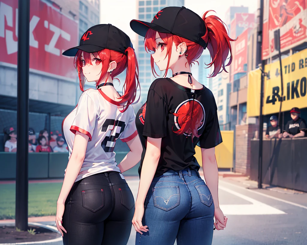 Realistic,Highest quality, Ultra Detail, High-quality CG rendering, The most delicate and beautiful, Floating softly, High resolution, (1 girl), (Highest quality,4K,8k,masterpiece:1.2),(All red hair:1.5), (ponytail:1.5),(Red eyes:1.5),(Slightly larger breasts:1.2), (Oversized black short sleeve t-shirt:1.5),(Black skinny jeans:1.5),(Black baseball cap:1.5),In the city,old buildings,Narrow back alley,(Are standing:1.3),smile,(Piercing in left ear:1.3),(Pitch black choker:1.5),(Turn your back to your audience:1.3),Butt