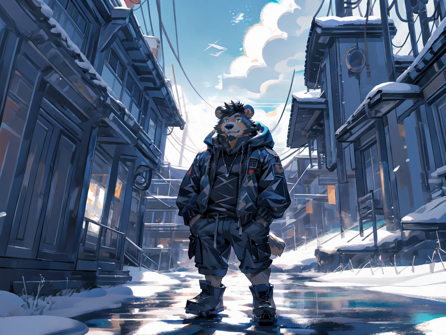 (masterpiece:1.2), best quality,pixiv,official art,perfect anatomy, (Ray tracing, light),solo, (1_male:1.3) , (muscle), (grey fur:1.4), (muscle bear), (beard:1.2), (gleaming golden eyes), bear tail, full body, Thick black eyebrows, (open short hoodie), (loose shirt inside),cargo shorts, black short boots,(outdoor), cloudy, (outside:1.1), platform, white, snow, (seaside:1.3),sea,(Hokkaido:1.3),wide,sun, reflect