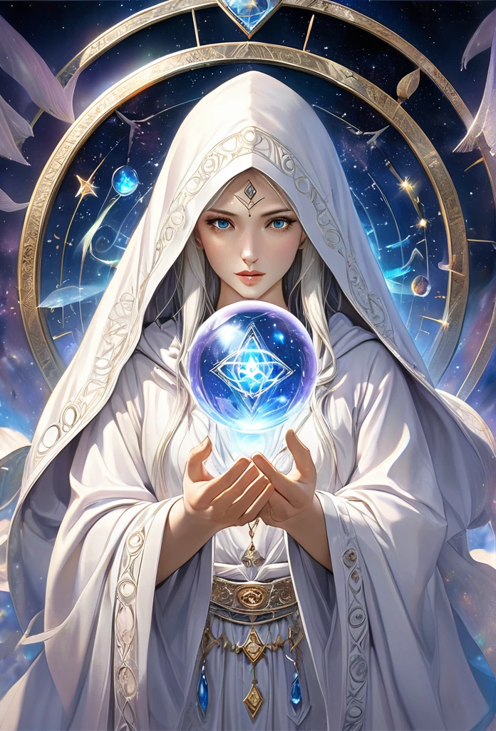 
               ((Correct and perfect anatomy) ) ((Correct and perfect anatomy of fingers) )The runes in the mysterious rune magic circle exude a mysterious light，Fascinating and curious. 

                  A beautiful astrologer with long and flowing white hair. A beautiful astrologer wearing a white luminous hoodie holding a luminous crystal ball.(There is a star-shaped totem inside the crystal ball)Close-up of man standing in magic circle casting spell. ethereal,

                     Intricate Fantasy Art Vibrant Surrealism, magic energy, High dynamic range, Dark magic swirl pattern, 

                       Mystical Art of Illusion, Extremely detailed dream scenes, Immerse yourself in a magical world, Super detailed art、Delicate and beautiful、

                              masterpiece、Premium content is very detailed、Dynamic angles and elegant atmosphere Perfect composition Intricate details Meticulous digital art