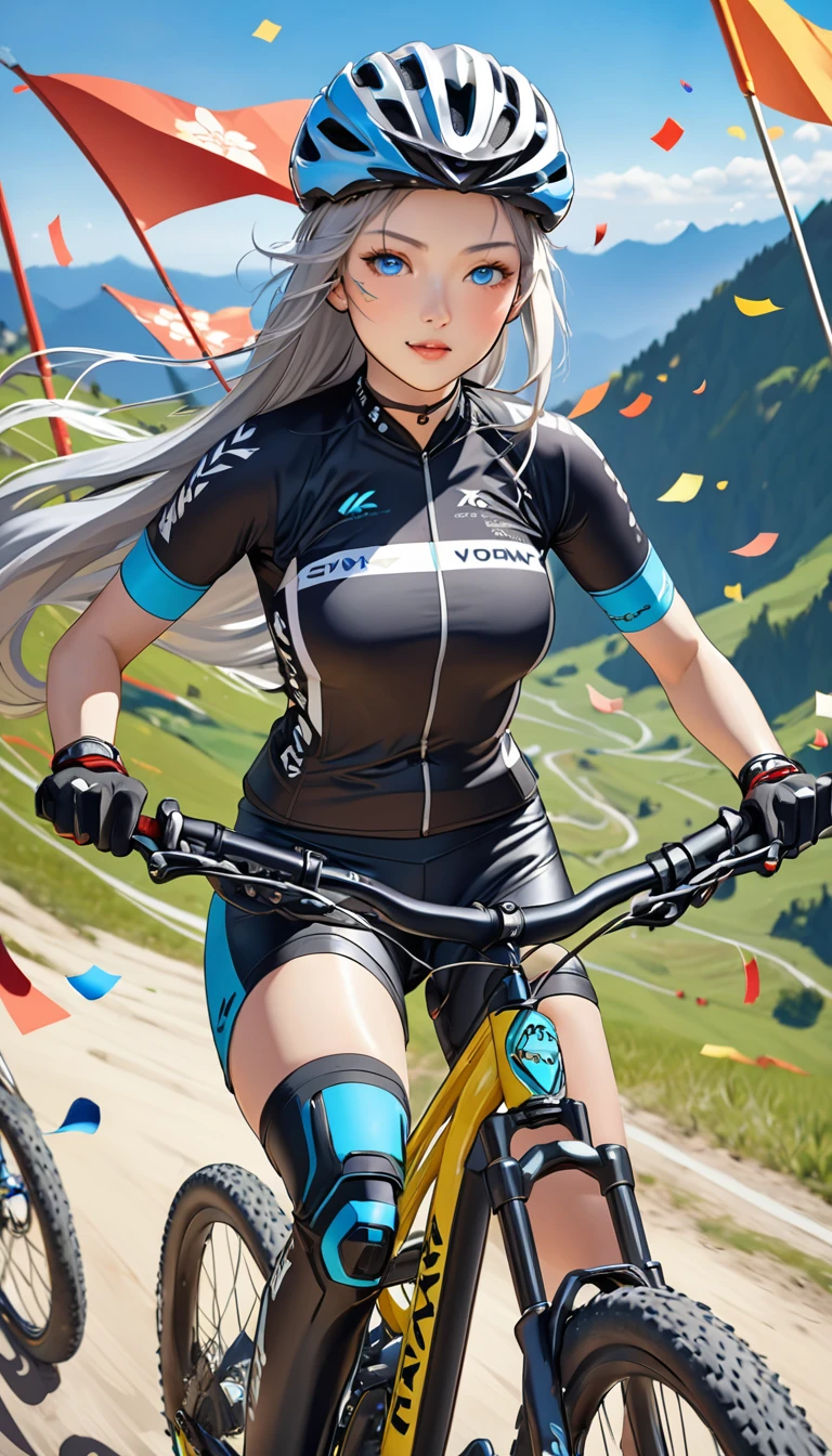 Highest quality, Great quality, 16K, Unbelievably absurd, Very detailed, 2.5D, delicate and dynamic, blue sky, Confetti, Olympic Flag, Mountain bike, Downhill, , Small face, Very delicate facial expressions, Delicate eye depiction, Very fine hair, Upper body close-up, erotic, The only sexy Japanese woman, Healthy body shape, 22-year-old woman, Olympian, Cycling,  Large, firm, swaying bust, Silvery long hair, Sexy long legs, Glowing Skin, Soft Skin, Bike riding clothes, protector, Helmet, Gold medal around your neck, Leather trousers, Knee-high boots, Mountain bike, 