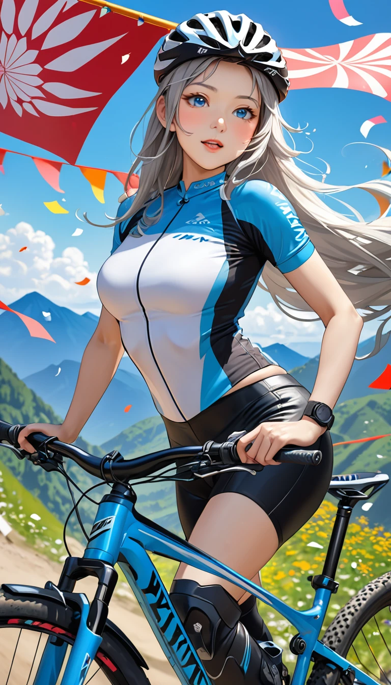 Highest quality, Great quality, 16K, Unbelievably absurd, Very detailed, 2.5D, delicate and dynamic, blue sky, Confetti, Olympic Flag, Mountain bike, Downhill, , Small face, Very delicate facial expressions, Delicate eye depiction, Very fine hair, Upper body close-up, erotic, The only sexy Japanese woman, Healthy body shape, 22-year-old woman, Olympian, Cycling,  Large, firm, swaying bust, Silvery long hair, Sexy long legs, Glowing Skin, Soft Skin, Bike riding clothes, protector, Helmet, Gold medal around your neck, Leather trousers, Knee-high boots, Mountain bike, 