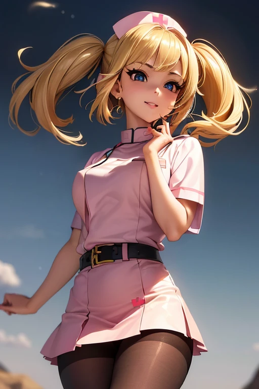 #基本 
A girl is posing for a photo, ((One Girl)), (((Baby Face:1.2)) + ((cute:1.3))), 
#A girl is posing for a photo, ((One Girl)), (((Baby Face)) + ((cute)) + 16 years old), 
break 

#Clothing Accessories 
((Pink nurse uniform:1.5) : (Shiny) + ((Pencil Mini Skirt)) + (High neck) + (Gold Belt) + ((Tight fit)) + (Black Pantyhose)), (Shiny白ハイヒール), 
(Gold hoop earrings), 
break 

#Features 
((Blonde)), (The forehead is visible:1.4), (Twin tails : Short Hair + Voluminous Hair + Fuller Hair + Red ribbon),  
((Droopy eyes), blue eyes, (Big eyes:1.2)), (Big Breasts), 
break 

#background environment 
(noon, (sunlight shines, Modern hospital examination room)), 
#Facial Expression Pose 
((Wicked Smile)), (model posing), 
#composition 
(To the camera, (Focus from the front), (Cowboy Shot)),  
break 

#Body parts elements 
(Slim figure), 
(Detailed Hair, Beautiful Hair, Shiny Hair), 
(double eyelid, Long eyelashes), 
(Expression of fine eyes, Beautiful and delicate eyes, Sparkling eyes, Eye Reflexes, Glitter Eyeliner), 
(Human Ear), 
(Beautiful Nose, Thin Nose), 
(Shiny唇, Beautiful Lips, Thick lips, Shiny唇, Natural Cheeks), 
(Detailed face, Symmetrical facial features), 
(Detailed skin, Textured skin, Beautiful Skin, Glowing Skin), 
break 

#Quality Image Quality Common 
(((Highest quality)), ((masterpiece)), ((Very detailed))), ((Ultra-high resolution)), ((16K, 1080P)), ((FHD)), 
(Anatomically correct), (Realistic), (3DCG), 

#Quality image illustration 
((comics, anime)), CG illustration, 
