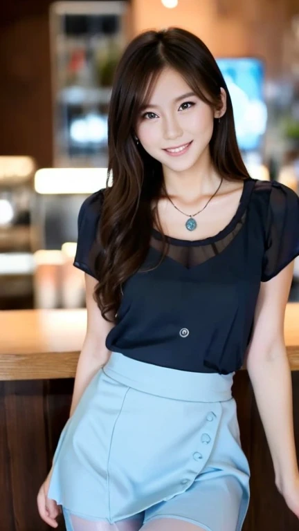 A superb exquisite real beautiful girl, semi long hair, extremely exquisite facial features, peerless beautiful girl, sheer darkblue
tops,blue camisole, black wrap skirt, exposed thighs, sweet shy smile with teeth, soft, dreamy quality, light white and dark brown, exaggerated facial features, solid color, frank off-white, surreal, blue gemstone necklace, ultra-clear, beautiful young girl, cute and lively, super short leggings, background at the bar counter, deep-blue sheer thighhigh,