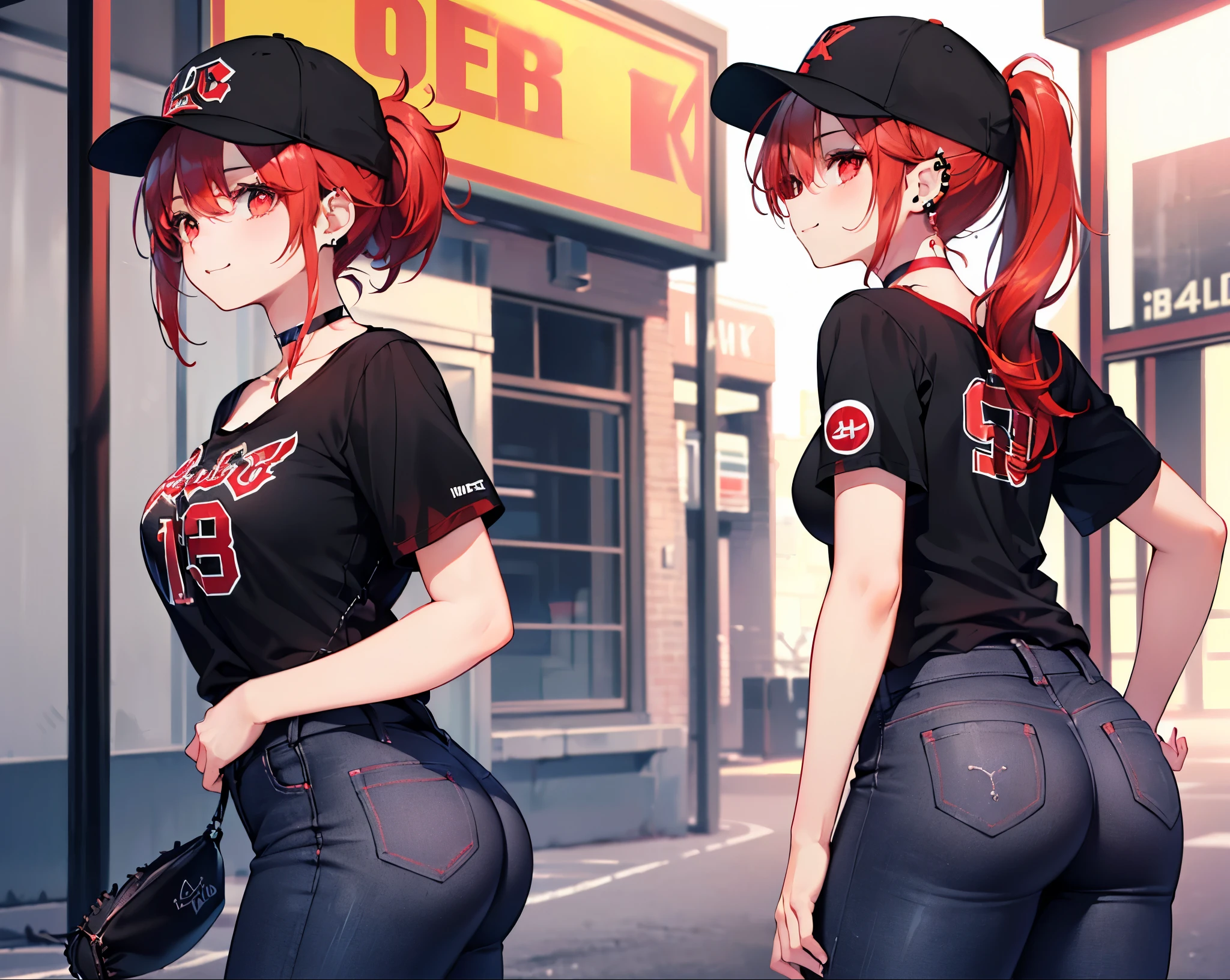 Realistic,Highest quality, Ultra Detail, High-quality CG rendering, The most delicate and beautiful, Floating softly, High resolution, (1 girl), (Highest quality,4K,8k,masterpiece:1.2),(All red hair:1.5), (ponytail:1.5),(Red eyes:1.5),(Slightly larger breasts:1.2), (Oversized black short sleeve t-shirt:1.5),(Black skinny jeans:1.5),(Black baseball cap:1.5),In the city,old buildings,Narrow back alley,(Are standing:1.3),smile,(Piercing in left ear:1.3),(Pitch black choker:1.5),(Turn your back to your audience:1.3),Butt