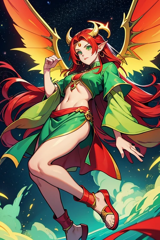woman celestial cosmic powers to control stars and sun star symbols red color hair and green and red clothes with flip flops, shiny star earring, a green jade stone on the forehead to control stars and sun symbols of star and veil that will come a pair of golden angel wings and another pair of dragon wings a golden veil passing over the top of your body, woman celestial cosmic powers to control stars and sun star symbols red color hair and green and red clothes with flip flops, shiny star earring, a green jade stone on the forehead to control stars and sun symbols of star and veil that will come 4 pair of golden angel wings and another pair of wings priestess of fire with horns and large angel wings green and red clothes with military dragon boots guardian dragon that controls and creates stars, clothes with a lot of fabric hanging with green eyes, red horns and his big red hair with moths in his hair all over his body and big angel wings and details of stars on his legs and a jade stone in the middle of his forehead