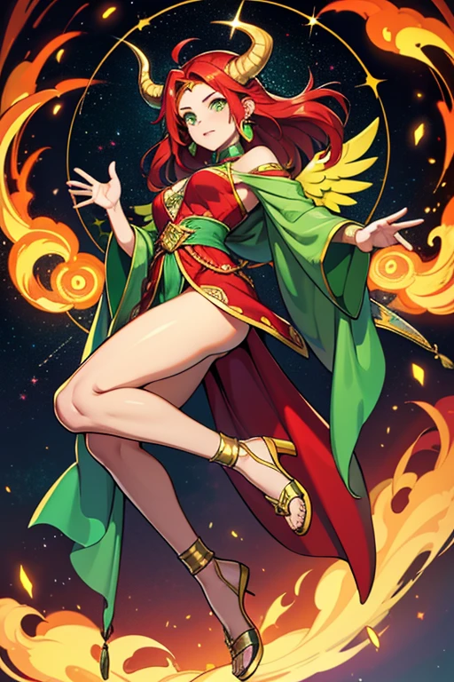 woman celestial cosmic powers to control stars and sun star symbols red color hair and green and red clothes with flip flops, shiny star earring, a green jade stone on the forehead to control stars and sun symbols of star and veil that will come a pair of golden angel wings and another pair of dragon wings a golden veil passing over the top of your body, woman celestial cosmic powers to control stars and sun star symbols red color hair and green and red clothes with flip flops, shiny star earring, a green jade stone on the forehead to control stars and sun symbols of star and veil that will come 4 pair of golden angel wings and another pair of wings priestess of fire with horns and large angel wings green and red clothes with military dragon boots guardian dragon that controls and creates stars, clothes with a lot of fabric hanging with green eyes, red horns and his big red hair with moths in his hair all over his body and big angel wings and details of stars on his legs and a jade stone in the middle of his forehead