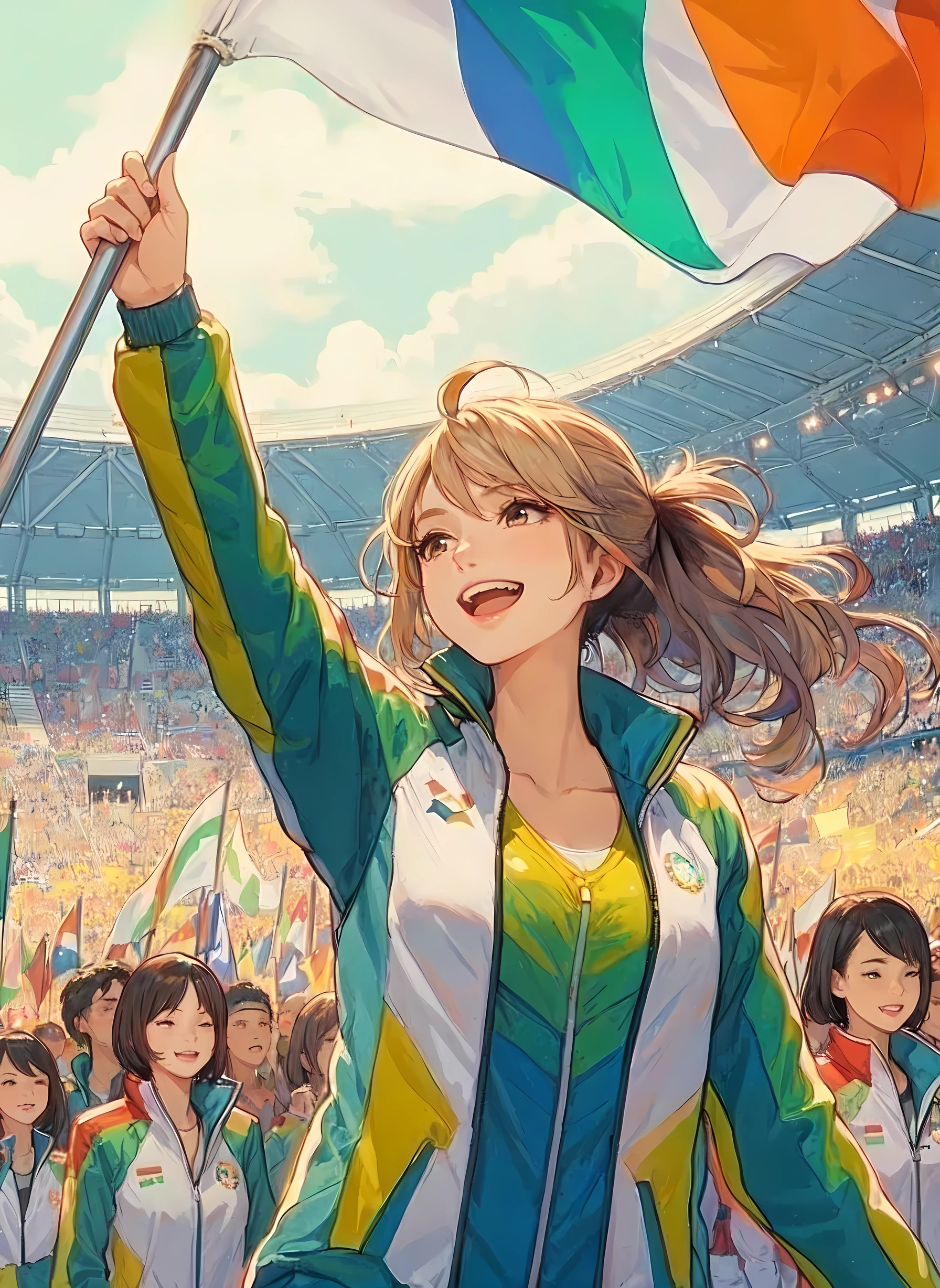 1lady walking slowly, (holding pole of large flag), (tracksuit vibrant with sporty colors), (mature female:0.8), /(beige hair/) bangs, brightly smile, (teeth:0.8), (masterpiece best quality:1.2) delicate illustration ultra-detailed, large breasts BREAK (large flag waving) BREAK (Olympic stadium) indoors, (opening ceremony), excitement, athletes, audience, detailed background