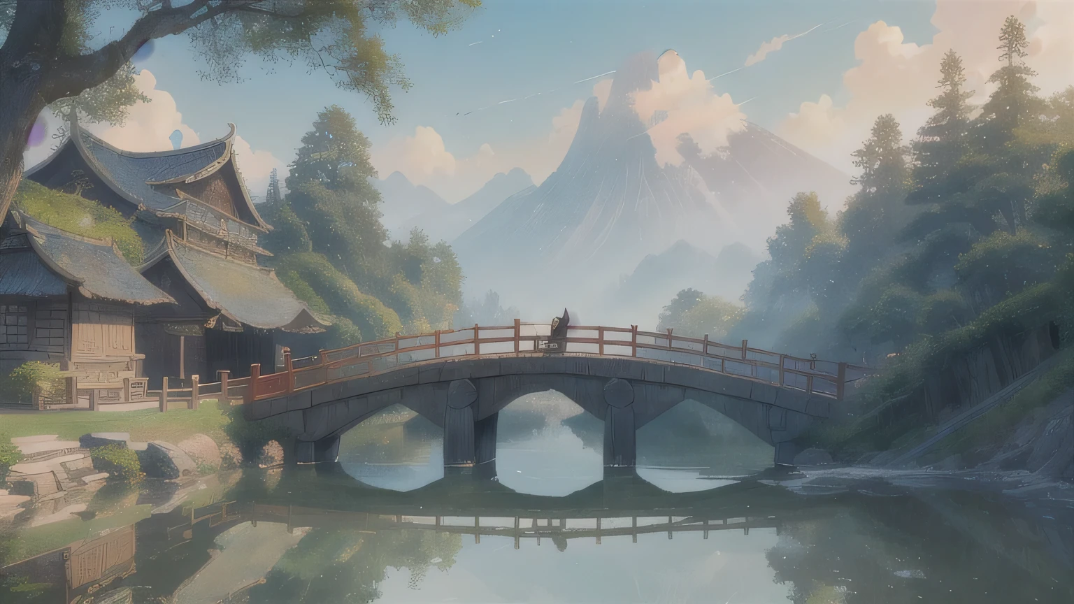 masterpiece, high quality, High resolution,8k, Chinese painting ,, 枯れたブドウのwood, old age ((wood)), evening ((Small Bridge)), water flowing, (((Humble Dwelling))), (horse:1.6),, A cold wind blows from the west ((Ancient road)),, When the sun goes down, Fantasy、Dragon Quest