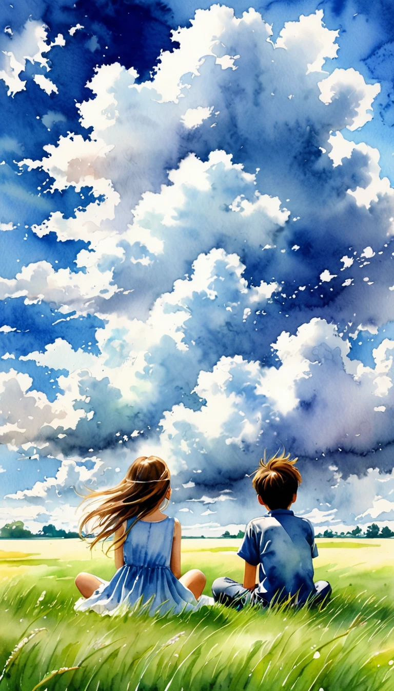 make me a beautiful water color like image of a really nice clouds , wide photography , with a really nice field of grass and a boy and a girl sitting on the grass watching the clouds and put some wind in there too