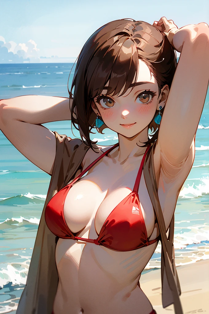 (Cleavage:1.0), (Model pose, Are standing, Put your arms behind your head), Upper Body Shot, 
(masterpiece, Highest quality, detailed:1.3), Light watercolor, 
girl, Bob, Center Part, amount, Brown Hair, Earrings, Captivating smile, 
break (outside, Beach, Ocean:1.2), Red Bikini